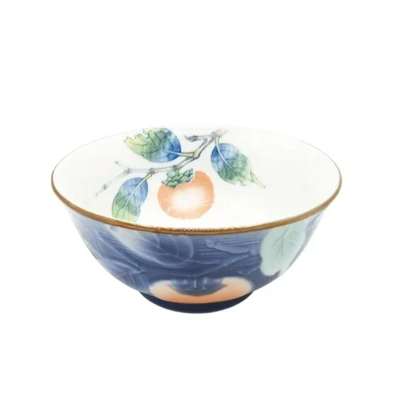 Porcelain Bowl Hand Painted Peach Persimmon Leaf 5.5 Inch Vintage Japanese Mark - Picture 1 of 14